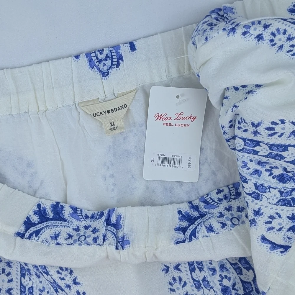 Lucky Brand Sleeveless Top Midi Skirt Set Cotton Paisley Print White Blue XL NWT